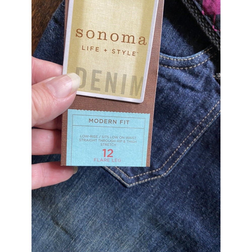 NWT Sonoma 12 jeans flare leg cargo pocket dark blue 12 stretch Belt Brand New - Picture 4 of 7